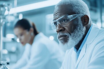 Elderly Black male beta tester collaborates with colleagues on project analysis in modern laboratory setting