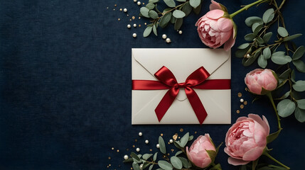 Neatly wrapped gift box with vibrant red ribbon on textured fabric background—stylish vertical photo with space for text, ideal for seasonal or promo content