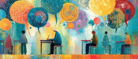 Diverse group of adults in classroom with colorful speech bubbles, attending a seminar or workshop Concept of communication, education, learning, and creative thinking