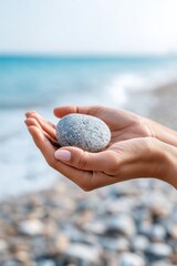 Balancing a smooth stone in hands against a serene coastal background for calming experiences