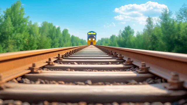 Close-up view of railway tracks with wooden sleepers and metal rails stretching towards distant forest and approaching train. Sunny summer day with blue sky and white clouds