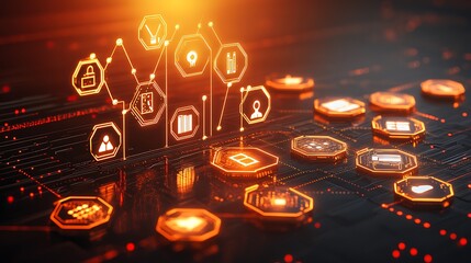 Illuminated digital icons on a circuit board background.