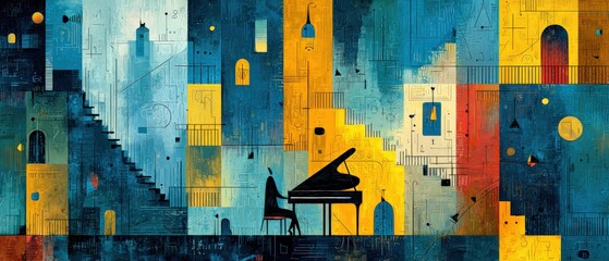 Abstract painting of a musician playing piano in a colorful cityscape, showcasing musical expression and artistic interpretation in a vibrant urban setting