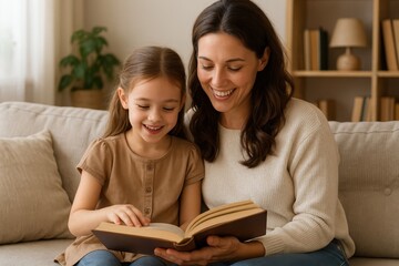 Heartwarming mother-daughter reading session in cozy home library setting
