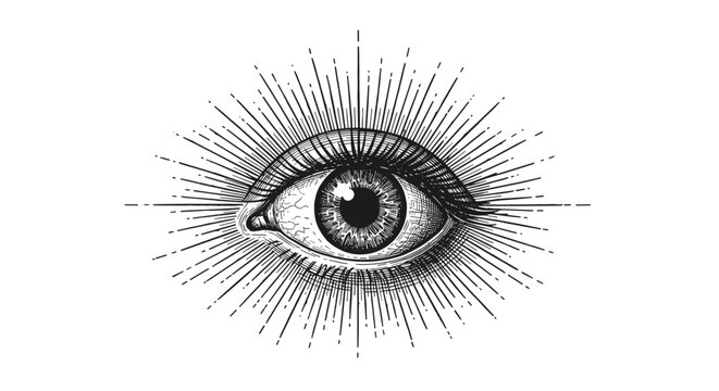 Biohacking eye surrounded by rays &ndash; symbolizing awareness, monitoring and insight, vintage black and white sketch vector illustration