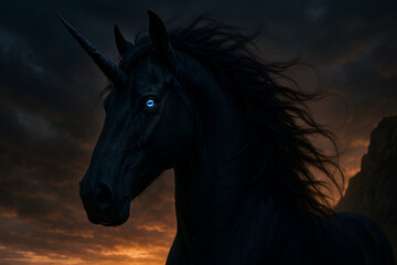 Dramatic Dark Unicorn with Glowing Blue Eyes Against Sunset Sky