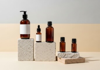 Amber Dropper Bottles & Pump Dispenser on Textured Pedestals, Minimalist Beauty Product Display