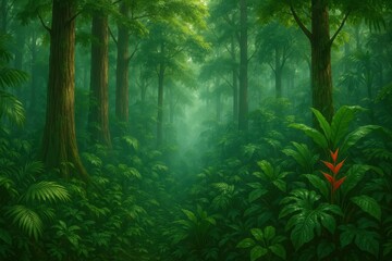 Obraz premium Lush rainforest canopy in Costa Rica with exotic bird species and cascading waterfalls creating pristine biodiversity ecosystem