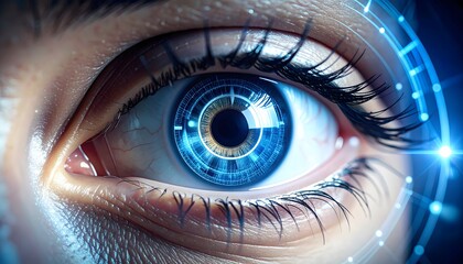 Close-up of a human eye enhanced with glowing blue cybernetic implants and digital interface, symbolizing advanced artificial intelligence and futuristic technology.