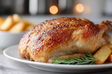 Perfectly roasted chicken with crispy skin and herb garnish served with golden potatoes