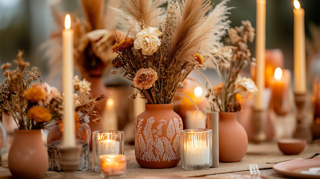 Elegant boho wedding decor featuring frosted ceramic vases with mehndi designs hand painted in earthy terracotta and ochre tones, as well as dried flowers (pampas grass, bleached butcher's broom) and 