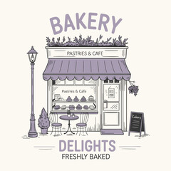 Delightful bakery front graphic with awning and pastries, an inviting cafe storefront suitable for bakery logos, confectionery designs, or restaurant branding with a retro touch.