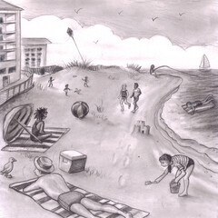 Peaceful, Fun Beach Scene with People Enjoying the Sunny Day Outdoors