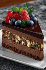 A rich chocolate cake showcases multiple layers, combining smooth chocolate mousse with crunchy nuts. The top is adorned with vibrant berries and fresh mint for an appealing presentation