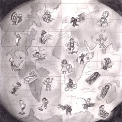 Two Dozen People One Side Earth Each Variation of Activities Same Time