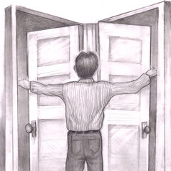 Man Having a Hard Time Deciding What Door to go into Between Two Doors