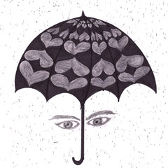 Grayscale Drawing Concept of an Umbrella Decorated with Heart Shapes