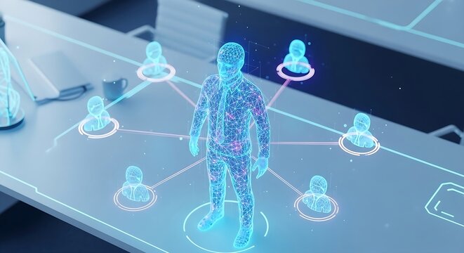 A digital wireframe human figure stands at the center of a connected network of user icons on a futuristic interface