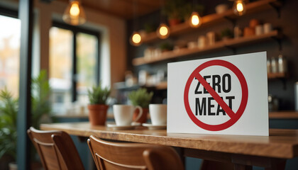 Zero meat sign in minimalist design on table in cafe setting  