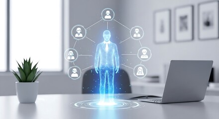 A glowing blue digital human hologram emerges from a desk with a laptop surrounded by connected user icons