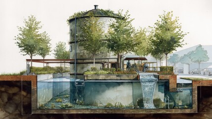 Innovative Water Treatment Facility Design with Lush Greenery