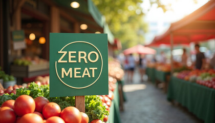 Zero meat sign in green sustainable color palette at outdoor market  