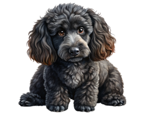 Adorable fluffy black poodle puppy with soulful eyes sitting attentively on a transparent background isolated on transparent background