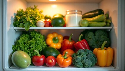 Modern kitchen interior featuring a refrigerator door open with vegetables  
