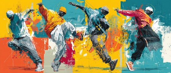 Energetic African American men performing hiphop dance with dynamic colorful splash art background Concept of street dance, urban culture, and artistic expression