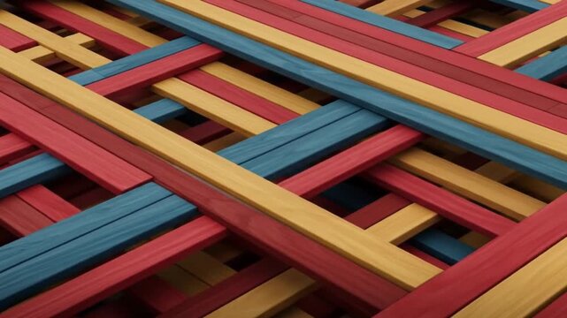 A colorful array of wooden planks interlocked in a crisscross pattern creating an abstract design