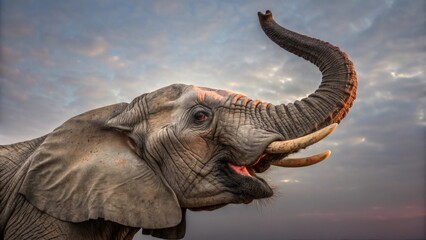 Obraz premium elephant head with trunk up.