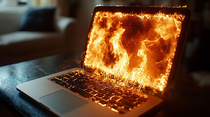Laptop on Fire - Burning Computer Screen and Keyboard
