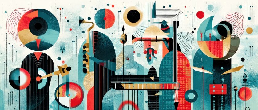 Vibrant abstract jazz music illustration with saxophone, trumpet, and piano in a colorful and modern artistic style Concept of musical expression, creativity, and performance