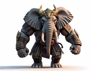 illustration of a muscular elephant wearing samurai armor isolated on a white background.