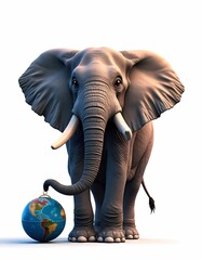 standing elephant playing with globe isolated on white background.