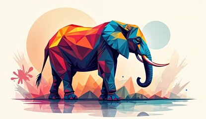 Abstract orange and blue geometric elephant illustration on abstract multi-colored geometric background. Generate AI