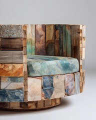 Rustic Multicolored Timber and Stone Chair with Artistic Patchwork Design