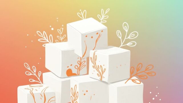 A stack of white cubes with orange leaf designs on a gradient background with sketched leaves around