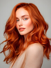 Fototapeta premium young girl with well-groomed fiery red hair. Woman with hairstyle with curls. Portrait for design
