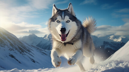 Husky Running Through Snowy Mountains