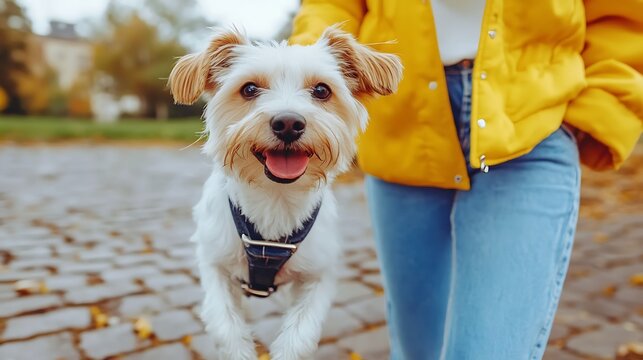 Happy dog wearing a harness on a walk.