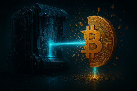 Bitcoin cryptocurrency blockchain being destroyed by a quantum computer 