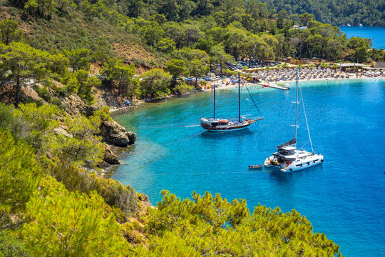 Boncuk Bay, Blue Lagoon and Oludeniz beach aerial panoramic view. Oludeniz is a beach resort in the Fethiye district of Mugla Province, Turkey.
