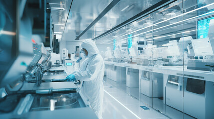 Scientists in Protective Suits Working in Lab