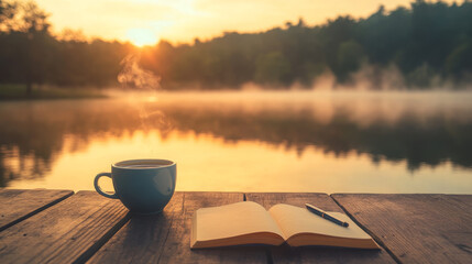 cup of coffee on the lake
