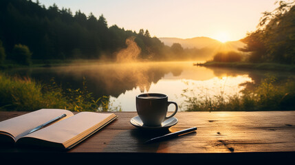 Misty Sunrise with Cup of Coffee