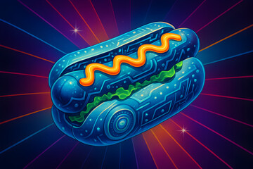 Futuristic Neon Hot Dog with Robotic Blue Bun and Glowing Mustard on Sci-Fi Background for Cyber Food and Concept Art Themes