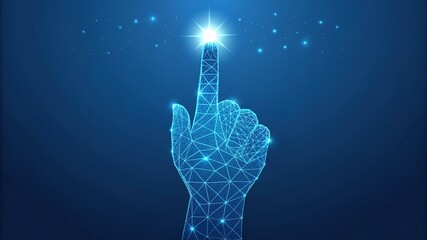 Digital Touch Geometric Hand Reaching for Innovation in a Blue Technology Landscape, representing the future of interface and human connection