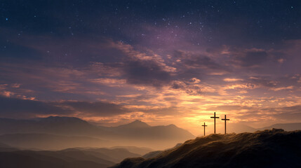Crosses on a Hill at Dusk with Dramatic Sky