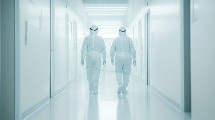 Cleanroom Corridor with Medical Staff in Hazmat
